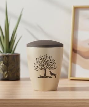 Preview: High-quality pet urn for dogs in beige with a velvety finish, laser-engraved tree of life and dog silhouette, including a brown screw lid – A dignified memorial for a cherished pet.